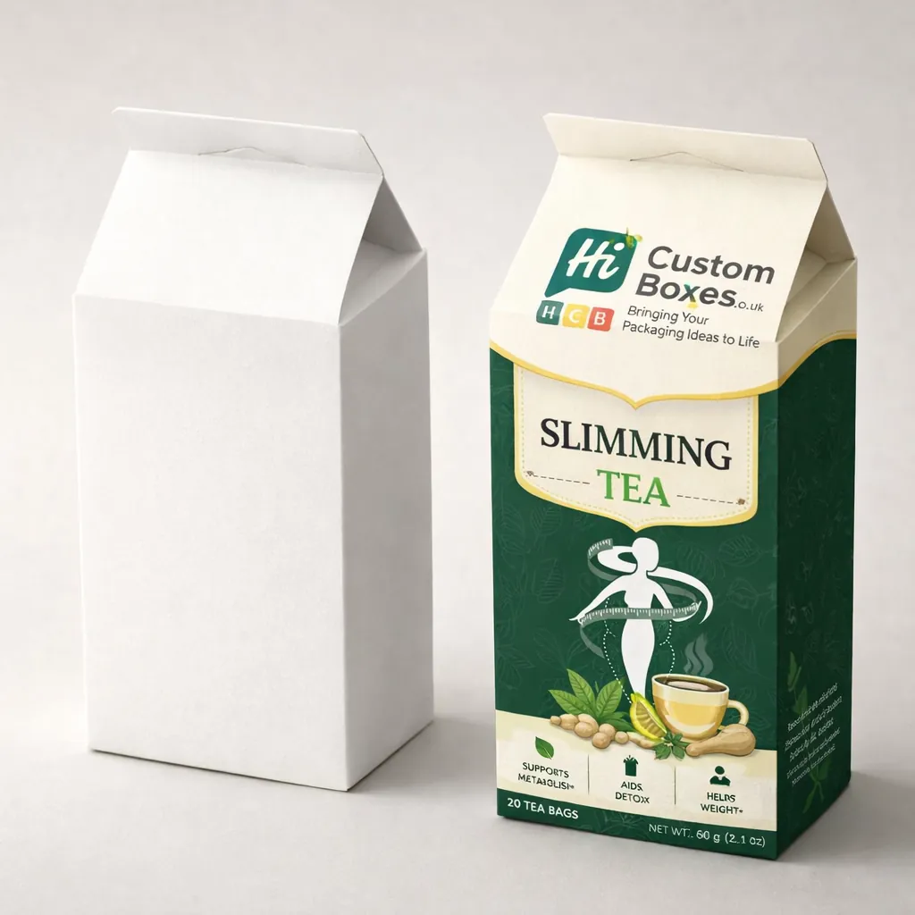 Two professionally printed slimming tea boxes with a clean white and green colour palette class=